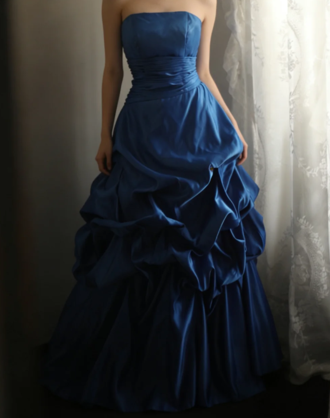 Glam Blue Long Prom Dresses Strapless A-Line Birthday Dresses Satin Sleeveless Evening Gowns DP04754