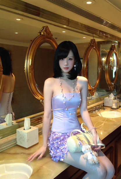 Sexy Sheath Lilac Short Prom Dress Satin Strapless Two-piece Evening Dress Sleeveless Birthday Dress DP04860
