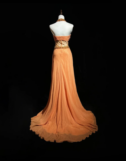 Chic Orange Long Prom Dress Beaded Chiffon Halter Party Dress Sheath Sleeveless Evening Dress  DP04882
