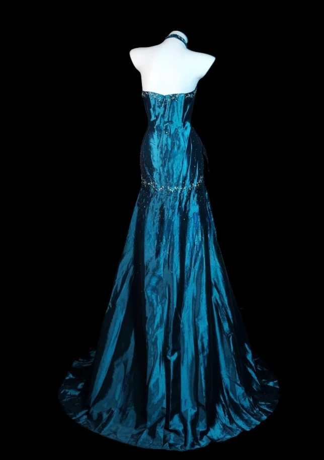 Chic Blue Long Prom Dress Satin Beaded Halter Party Dress Sheath Sleeveless Evening Dress   DP04874
