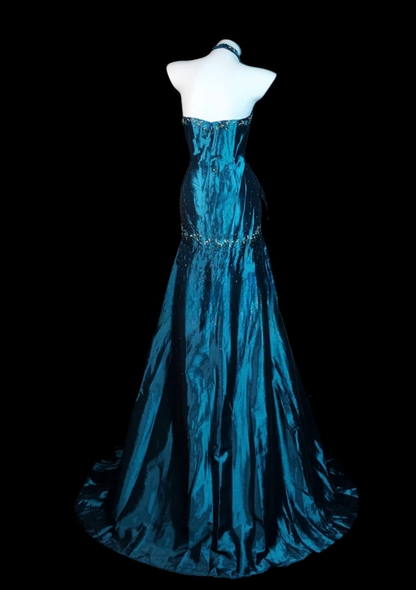 Chic Blue Long Prom Dress Satin Beaded Halter Party Dress Sheath Sleeveless Evening Dress   DP04874