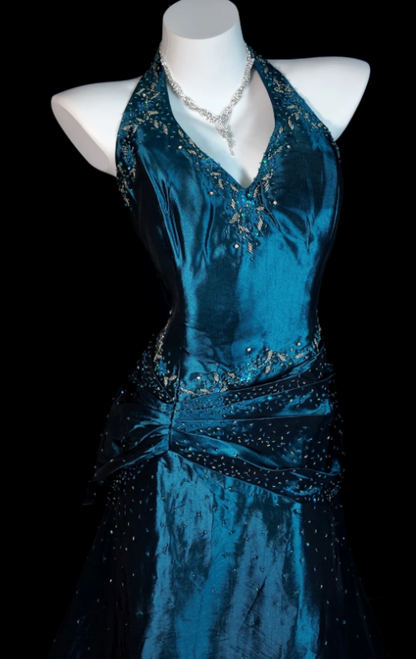 Chic Blue Long Prom Dress Satin Beaded Halter Party Dress Sheath Sleeveless Evening Dress   DP04874