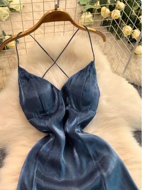 Chic Gray Blue Prom Dress Satin Spaghetti Straps Party Dress Sheath Sleeveless Evening Dress   DP04887