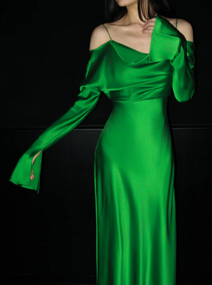 Chic Green Long Prom Dress Satin Sapghetti Straps Party Dress Sheath Long Sleeves Evening Dress  DP04890