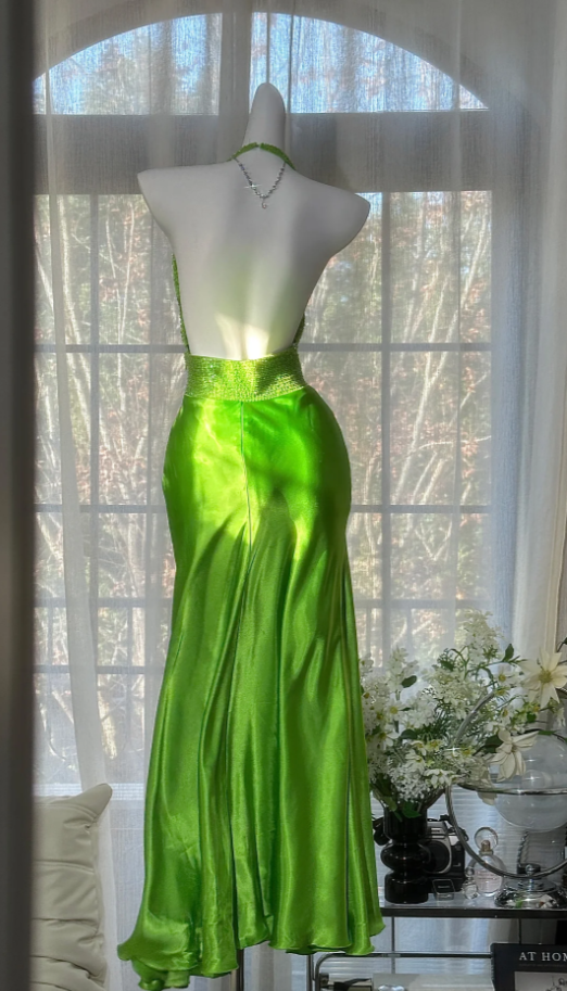 Chic Green Long Prom Dress Beaded Satin Halter Birthday Dress Sheath Sleeveless Evening Dress  DP04895