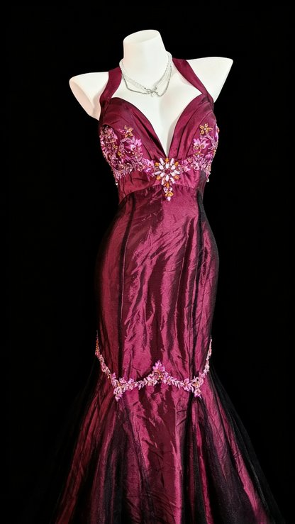 Chic Grape Long  Prom Dress Satin Halter Birthday Dress Mermaid Sleeveless Evening Dress DP04897