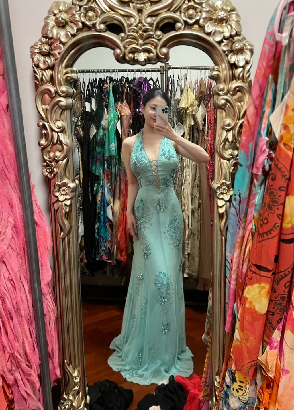 Chic Tiffany Blue Long Prom Dresses Chiffon Beaded Sheath Evening Dress V-neck Sleeveless Birthday Dress DP04910