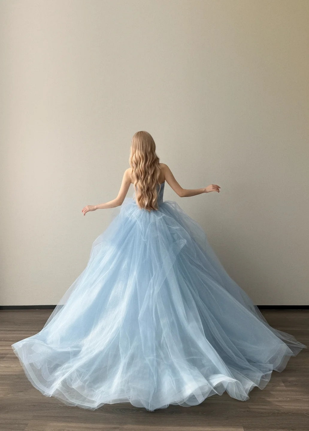 Cute Pale Blue Long Prom Dresses Tulle A-line Evening Dress Strapless  Birthday Dress DP04915