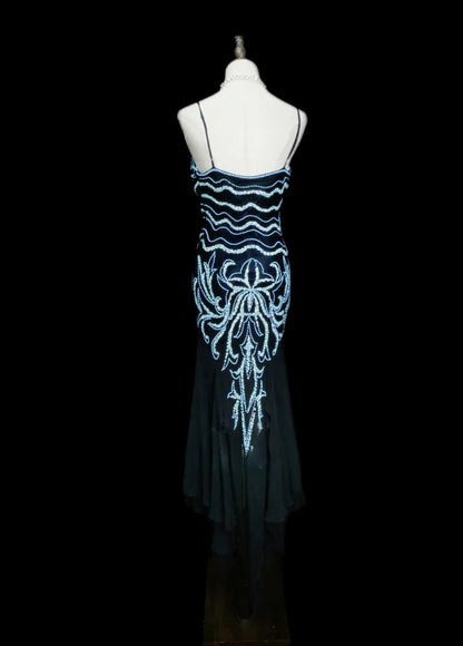 Elegant Black Long Prom Dresses Beaded Chiffon Spaghetti Straps Sheath Evening Dress Sleeveless Birthday Dress DP04923