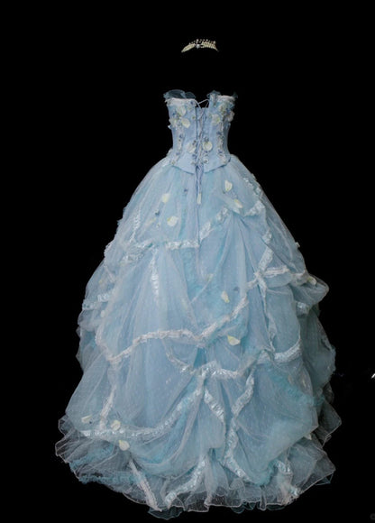 Elegant Strapless Pale Blue Long Prom Dresses Applique Tulle A-line Evening Dress Sleeveless Birthday Dress DP04925