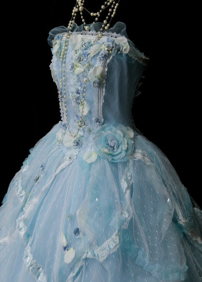 Elegant Strapless Pale Blue Long Prom Dresses Applique Tulle A-line Evening Dress Sleeveless Birthday Dress DP04925