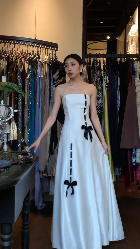 Vintage White Long Prom Dress Strapless A-line Evening Dress Satin Bow Sleeveless Birthday Dress DP04951