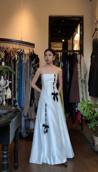 Vintage White Long Prom Dress Strapless A-line Evening Dress Satin Bow Sleeveless Birthday Dress DP04951