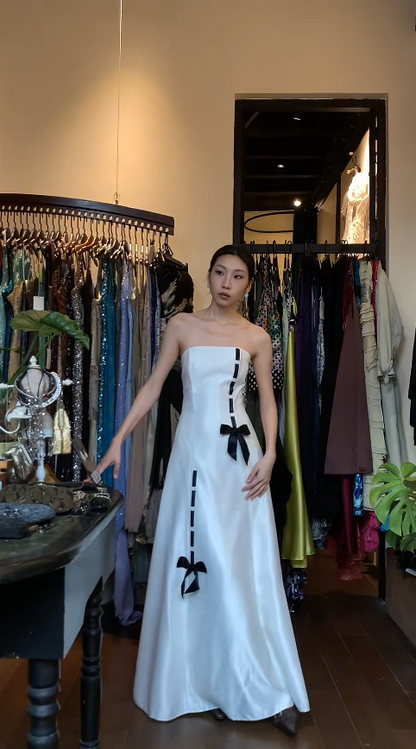 Vintage White Long Prom Dress Strapless A-line Evening Dress Satin Bow Sleeveless Birthday Dress DP04951