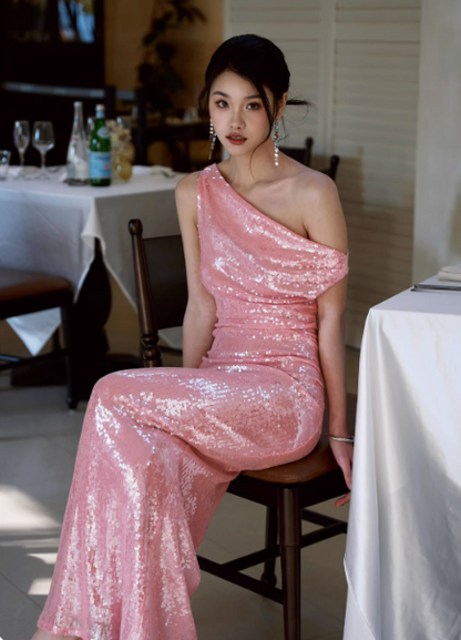 Sexy Pink Long Prom Dress Off-shoulder Sheath Evening Dress Sequins Sleeveless Birthday Dress DP04952