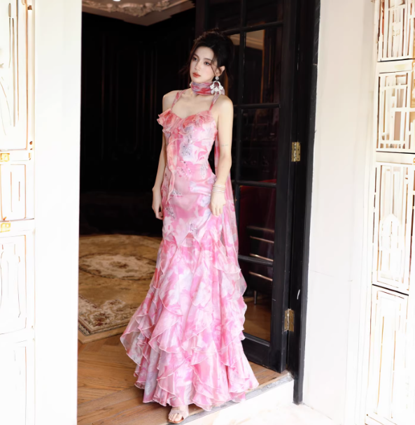 Fairy Floral Long Prom Dress  Spaghetti Straps Sheath Evening Dress Chiffon Sleeveless Birthday Dress DP04956