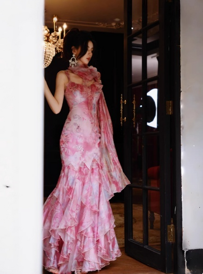Fairy Floral Long Prom Dress  Spaghetti Straps Sheath Evening Dress Chiffon Sleeveless Birthday Dress DP04956
