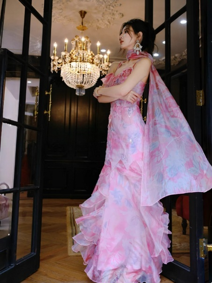 Fairy Floral Long Prom Dress  Spaghetti Straps Sheath Evening Dress Chiffon Sleeveless Birthday Dress DP04956