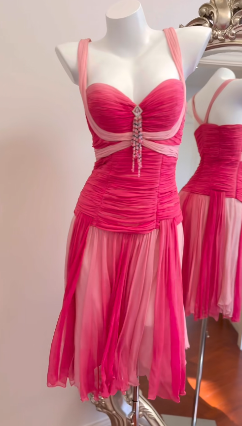 Vintage Pink Short Prom Dress Straps Sheath Evening Dress Chiffon Sleeveless Birthday Dress DP04962