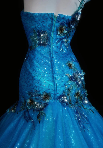Sweet  Blue Prom Dress Strapless Tulle Sequins Appliques Mermaid  Long Evening Dress DP05035