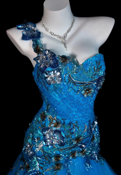 Sweet  Blue Prom Dress Strapless Tulle Sequins Appliques Mermaid  Long Evening Dress DP05035