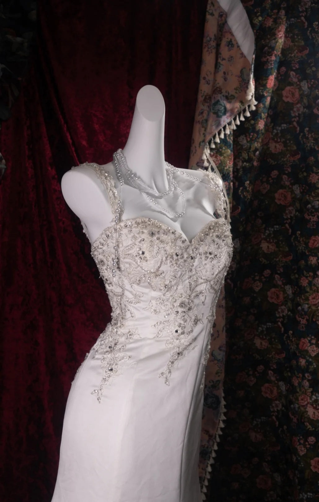 Vintage White Prom Dress Straps Mermaid Evening Dress Satin Beaded Formal Dress DP05057