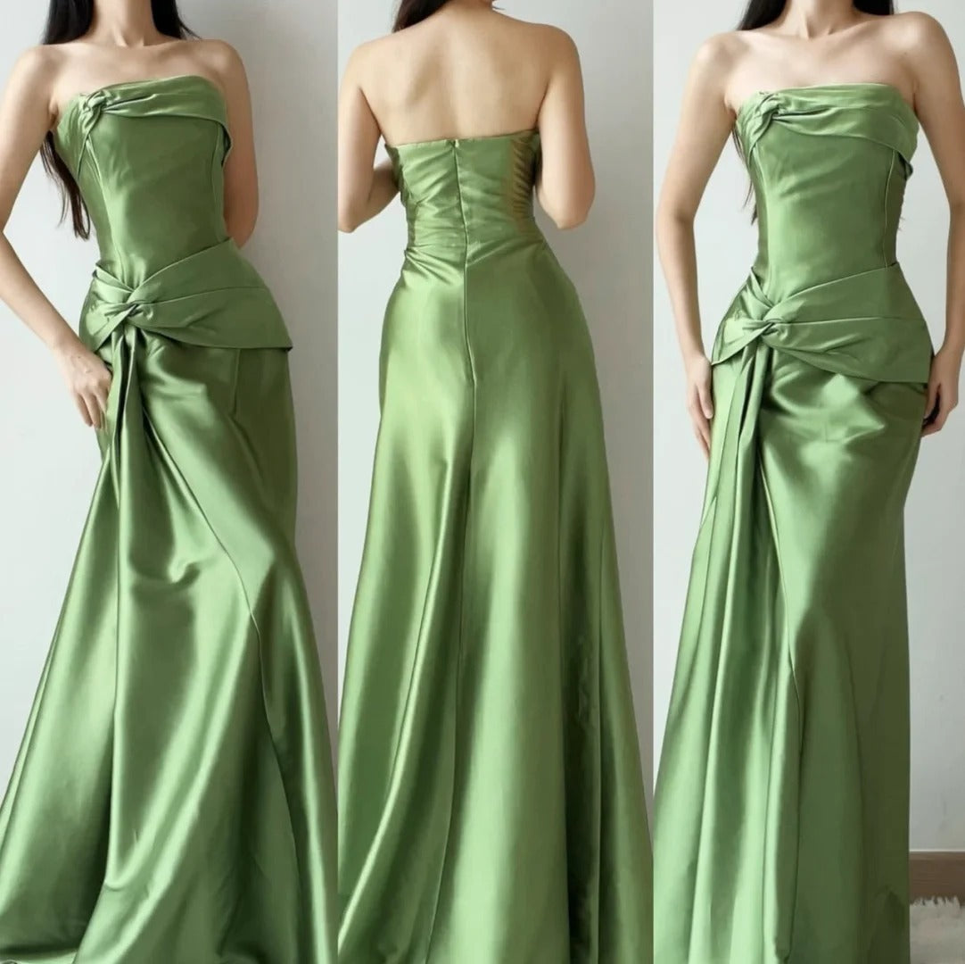 Chic Sheath Green Prom Dress Strapless Satin Sleeveless Evening Dress DP05080
