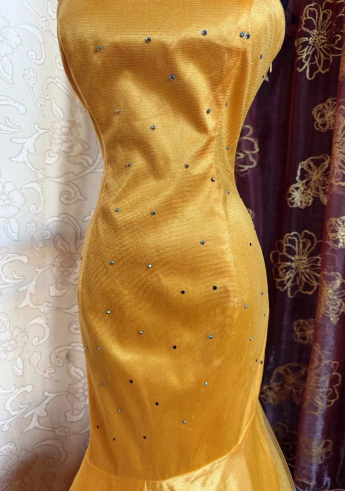 Chic Mermaid Yellow Prom Dress Strapless Satin Tulle Sleeveless Evening Dress DP05084