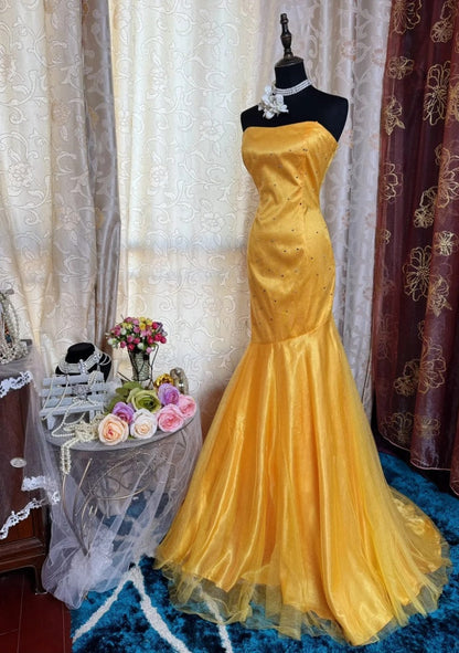 Chic Mermaid Yellow Prom Dress Strapless Satin Tulle Sleeveless Evening Dress DP05084