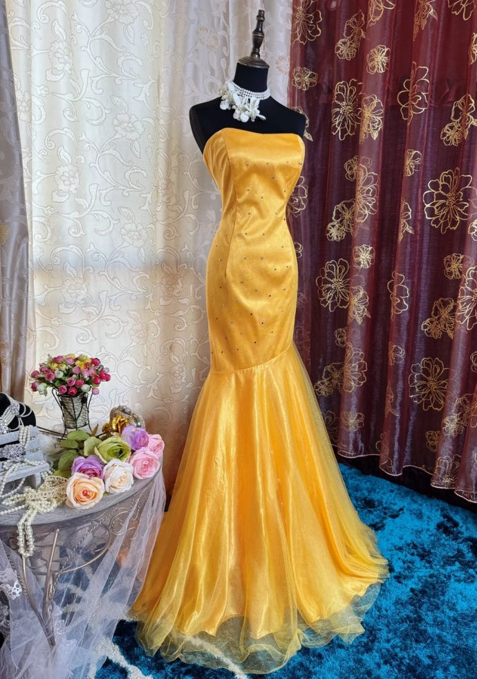 Chic Mermaid Yellow Prom Dress Strapless Satin Tulle Sleeveless Evening Dress DP05084