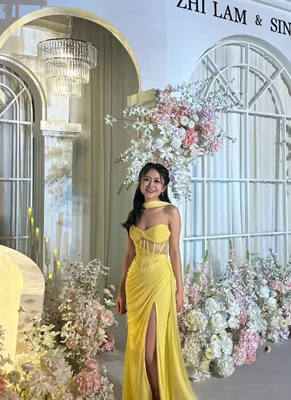 Cute Yellow Prom Dress  Satin Sheath Wedding Guest Dress Sleevless Evening Dress DP05137