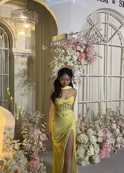Cute Yellow Prom Dress  Satin Sheath Wedding Guest Dress Sleevless Evening Dress DP05137