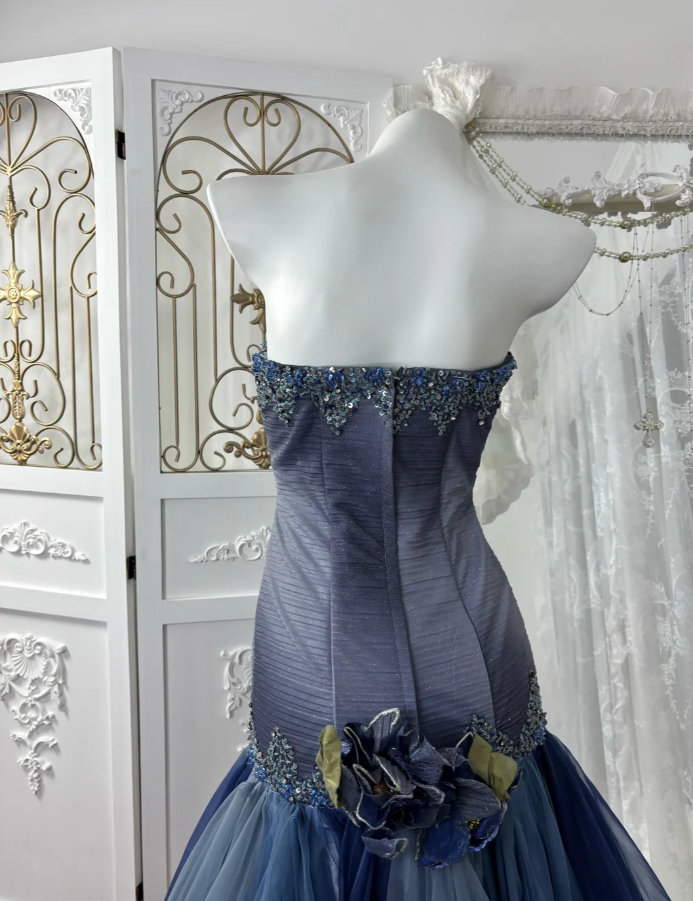 Elegant Navy Blue Prom Dress Chiffon Strapless Evening Dress A-Line Birthday Dress DP05163
