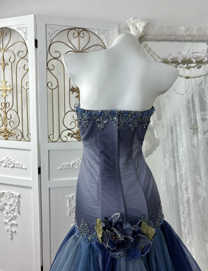Elegant Navy Blue Prom Dress Chiffon Strapless Evening Dress A-Line Birthday Dress DP05163
