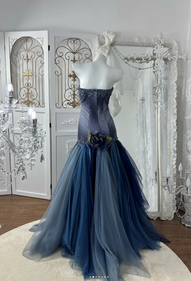 Elegant Navy Blue Prom Dress Chiffon Strapless Evening Dress A-Line Birthday Dress DP05163