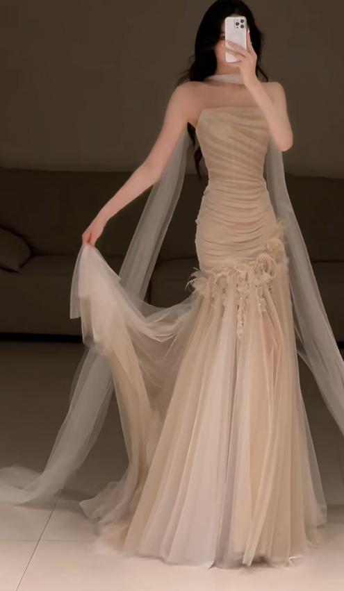 Elegant Champagne Prom Dress Tulle Strapless Evening Dress Sheath Birthday Dress DP05166