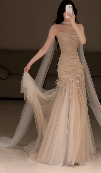 Elegant Champagne Prom Dress Tulle Strapless Evening Dress Sheath Birthday Dress DP05166