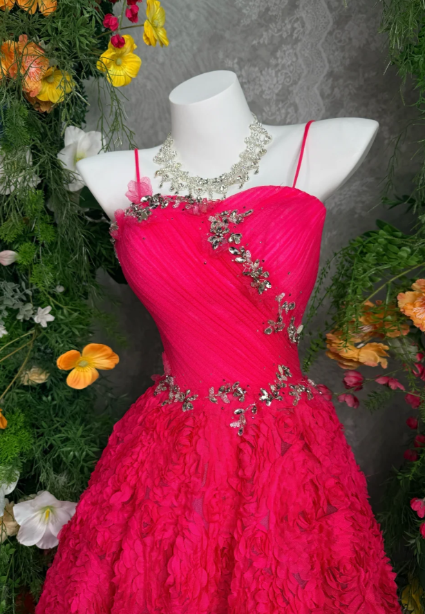 Chic Hot Pink Prom Dress Spaghetti Straps Tulle Evening Dress A-Line Birthday Dress DP05175