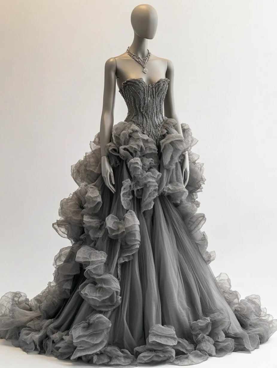 Chic Gray Prom Dress Tulle Strapless Evening Dress A-Line Birthday Dress DP05196