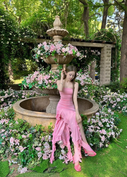 Chic Pink Prom Dress Sheath Strapless Evening Dress Sleeveless Birthday Dress DP05204
