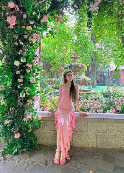 Chic Pink Prom Dress Sheath Strapless Evening Dress Sleeveless Birthday Dress DP05204