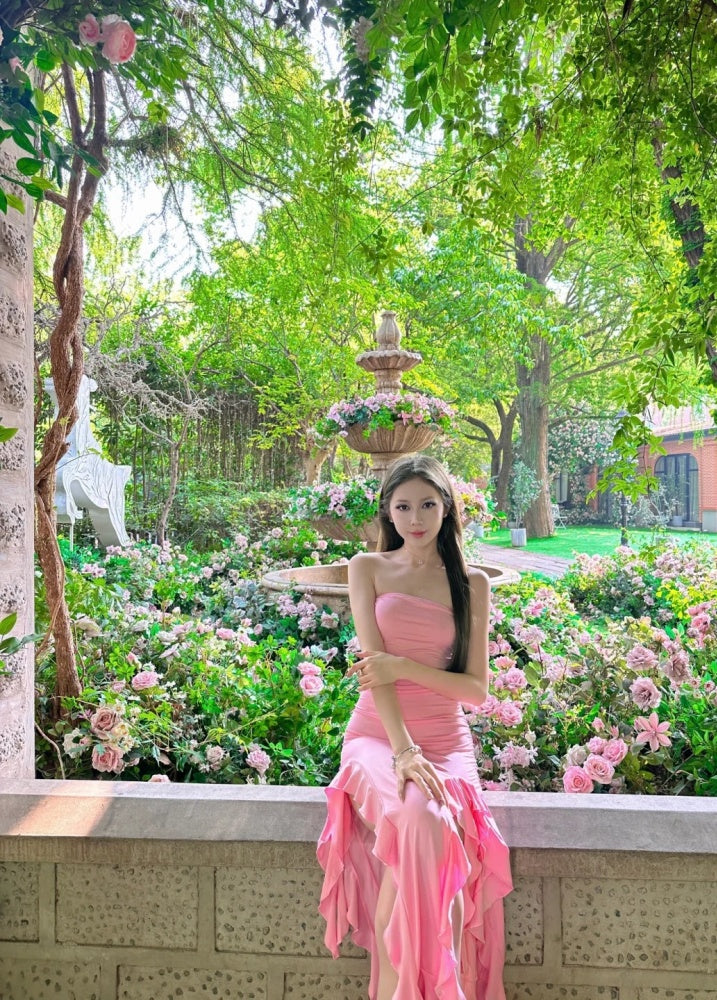 Chic Pink Prom Dress Sheath Strapless Evening Dress Sleeveless Birthday Dress DP05204