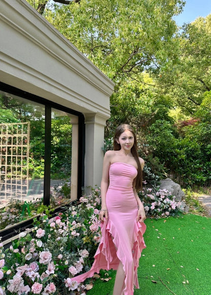 Chic Pink Prom Dress Sheath Strapless Evening Dress Sleeveless Birthday Dress DP05204
