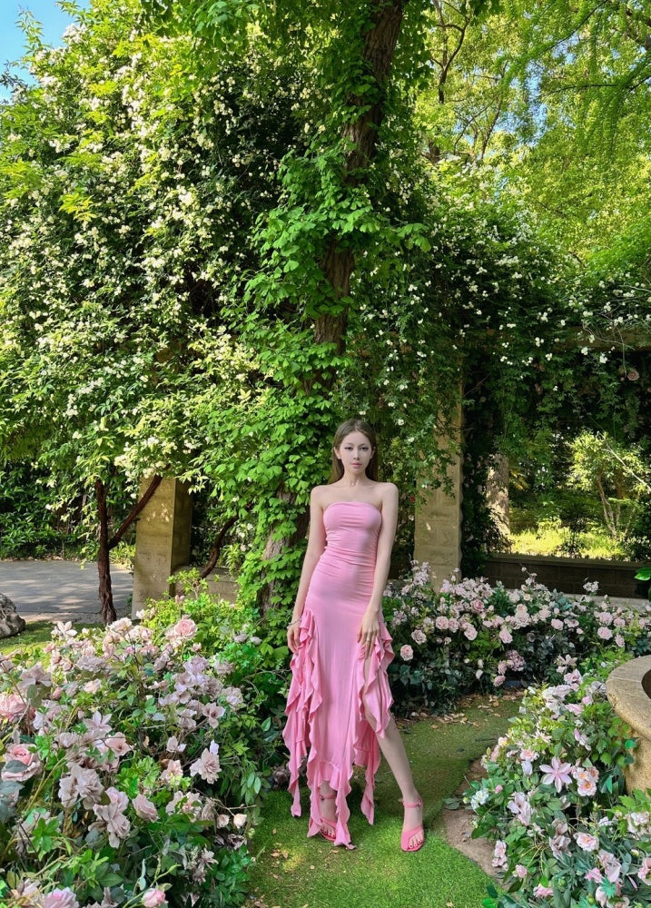 Chic Pink Prom Dress Sheath Strapless Evening Dress Sleeveless Birthday Dress DP05204