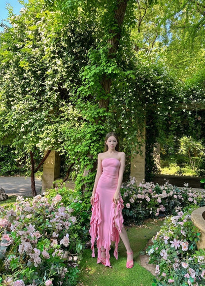 Chic Pink Prom Dress Sheath Strapless Evening Dress Sleeveless Birthday Dress DP05204
