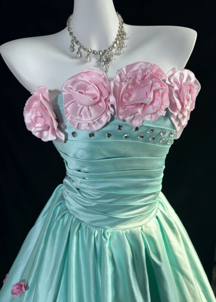 Chic Blue Prom Dress Satin A-Line Strapless Evening Dress Sleeveless Birthday Dress DP05205
