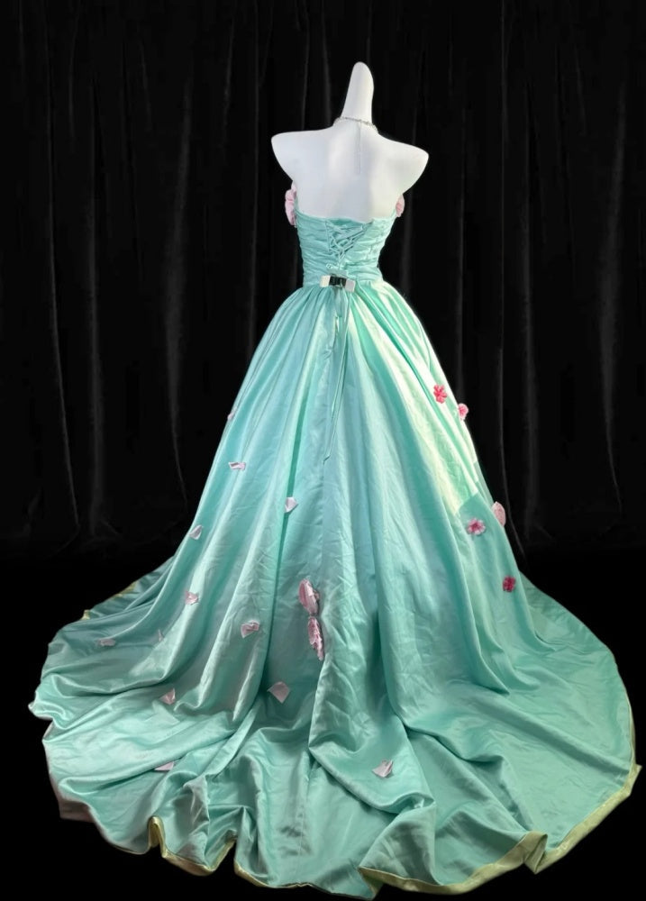 Chic Blue Prom Dress Satin A-Line Strapless Evening Dress Sleeveless Birthday Dress DP05205