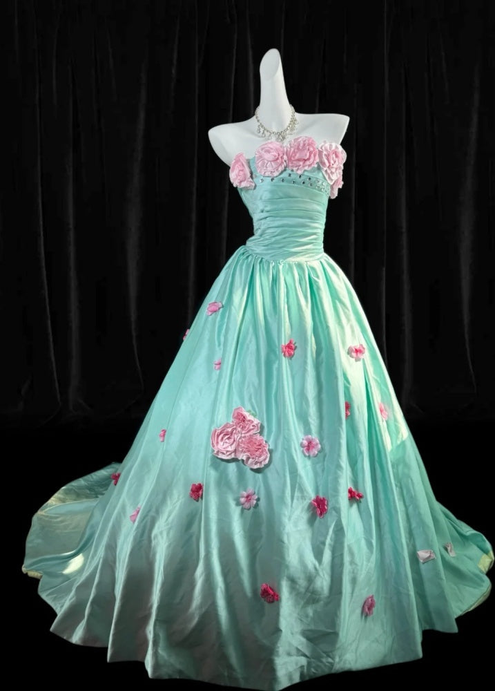 Chic Blue Prom Dress Satin A-Line Strapless Evening Dress Sleeveless Birthday Dress DP05205