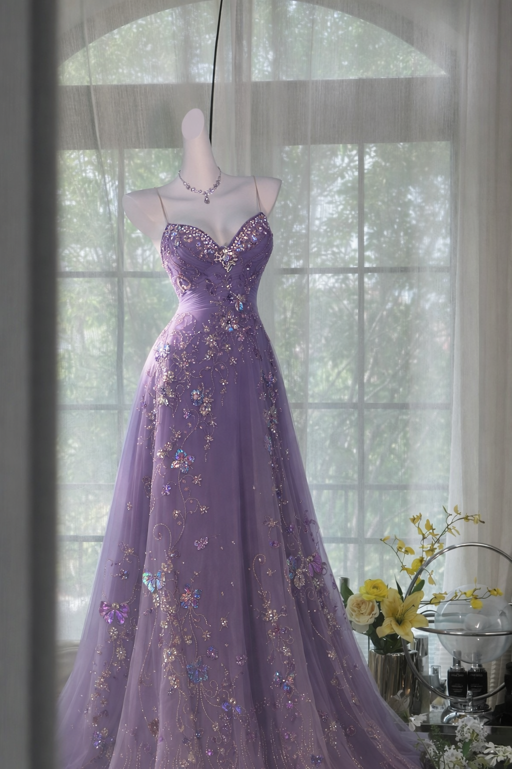 Chic Lavender Prom Dress Beaded Tulle A-Line Spaghetti Straps Evening Dress Sleeveless Birthday Dress DP05209