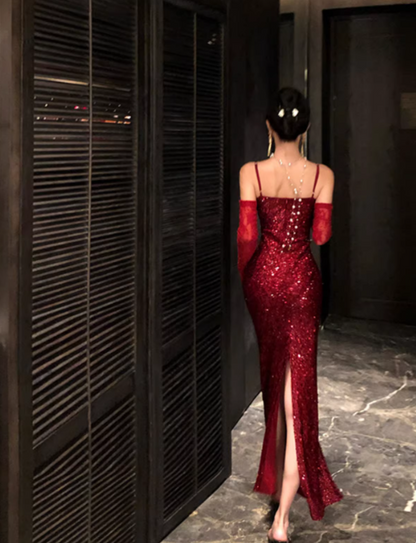 Chic Burgundy Prom Dress Sequins Sheath Spaghetti Straps Evening Dress Sleeveless Birthday Dress DP05222